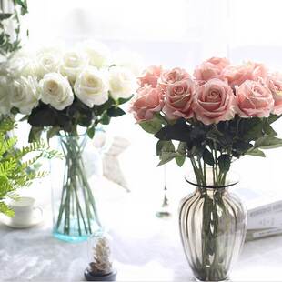 高档客厅餐桌装 饰花干花花束摆件摆设花艺 单支仿真玫瑰花假花套装