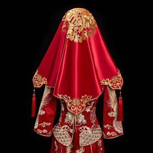 红盖头新娘结婚头纱中式 秀禾服复古红色绣花缎面流苏蒙头刺绣喜帕