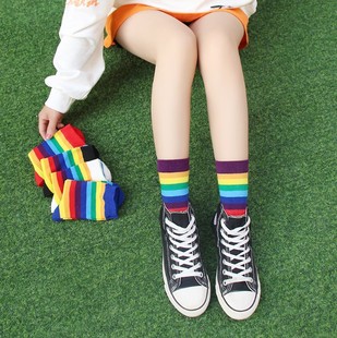四季 彩虹袜子女中筒春秋季 棉袜彩色长筒袜韩版 街头运动女长网红