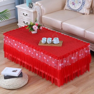 新款 布艺红色蕾丝茶几罩餐桌台布电视柜盖布防滑床头柜长方形客厅