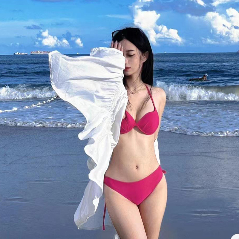 分体泳装 比基尼泳衣女钢托聚拢玫红色网红同款 三点式 沙滩度假韩版