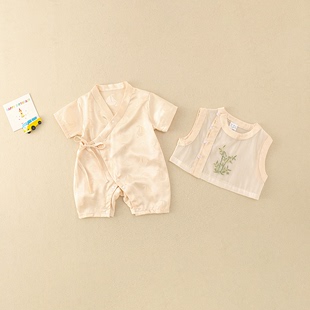 婴儿夏季 两件套装 连体衣男女宝宝中国风短袖 洋气休闲百搭外出爬服