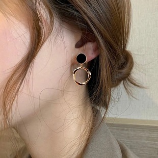 韩国圆圈耳环女气质高级感纯银防过敏黑色耳钉2023年新款 潮设计感