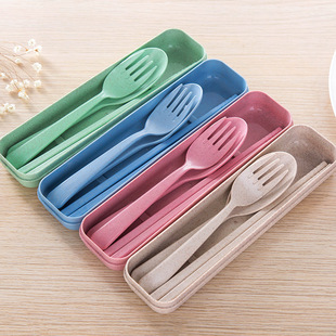 创意小麦秸秆餐具套装 筷子勺子叉子三件套家用旅行便携学生餐具盒