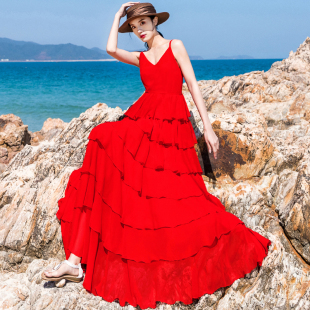 三亚旅拍照好看 蛋糕裙海边渡假连衣裙女大红色长裙子吊带沙滩裙