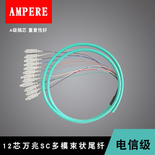 AMPERE12芯束状尾纤SC方头万兆多模光纤跳线电信级可订做FC ST头尾纤