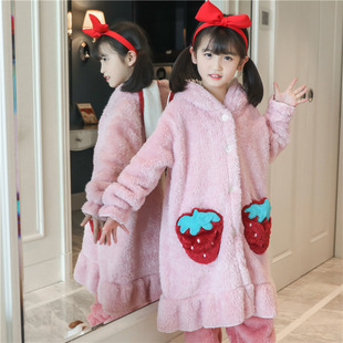 加厚卡通长袖 儿童冬季 超可爱珊瑚绒睡袍 睡衣套装 韩版
