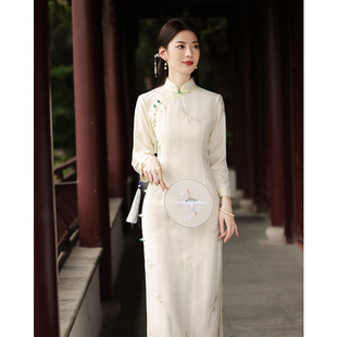 蕾丝旗袍2024年新款 少女年轻款 气质端素雅刺绣中国风长旗袍春季