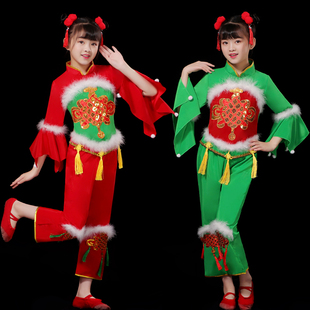元 旦新款 儿童秧歌服演出服喜庆开门红民族幼儿手绢舞蹈表演服装 女