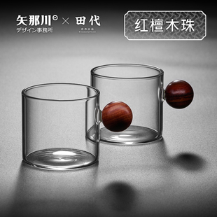 日式 红檀木带把茶杯 耐热玻璃杯品茗杯带底托高颜值功夫茶杯套装