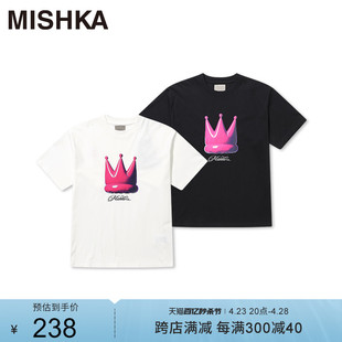 复古潮牌2024新款 夏季 MISHKA美式 T恤女宽松上衣夏季 纯棉 白色短袖