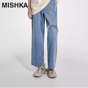 2024年新款 直筒牛仔裤 MISHKA春秋款 子美式 高街破洞早春 女阔腿裤