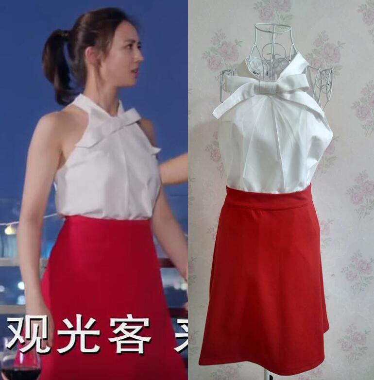 弦张钧甯宁温暖同款 白色无袖 温暖 两件套装 女 上衣红色半身裙时尚