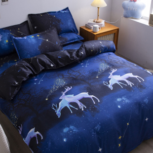 北欧风深蓝色梦幻星空麋鹿床上四件套学生宿舍三件套床单被套耐脏