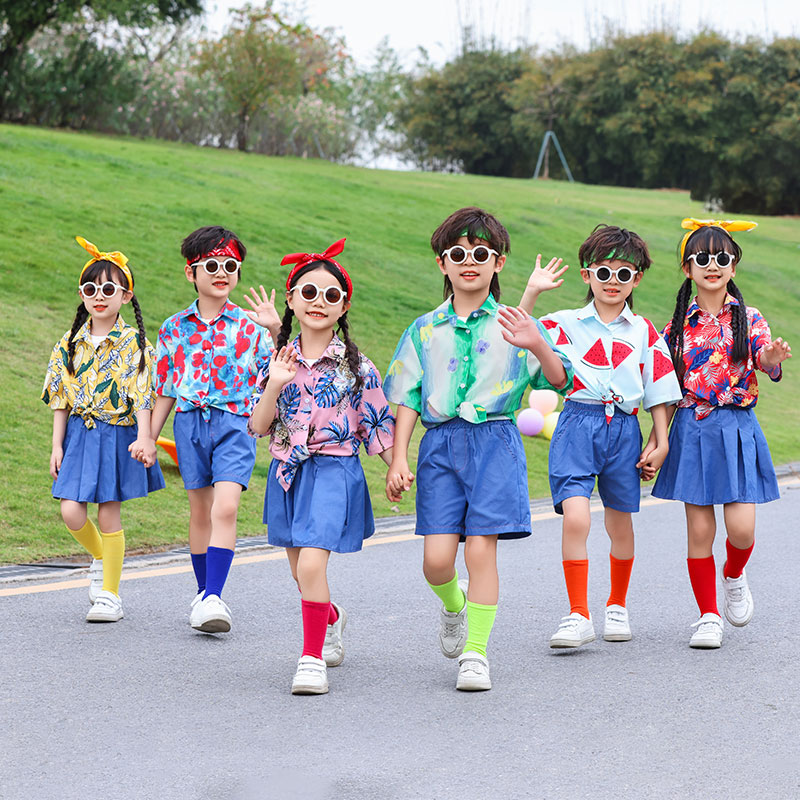 六一儿童幼儿园啦啦操拉拉队小学生运动会演出服装 复古港风花衬衫
