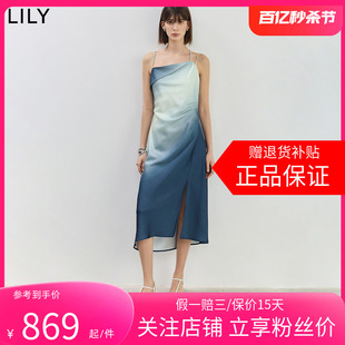 商场同款 LILY2024夏新款 设计感不对称修身 印花吊带连衣裙 女装
