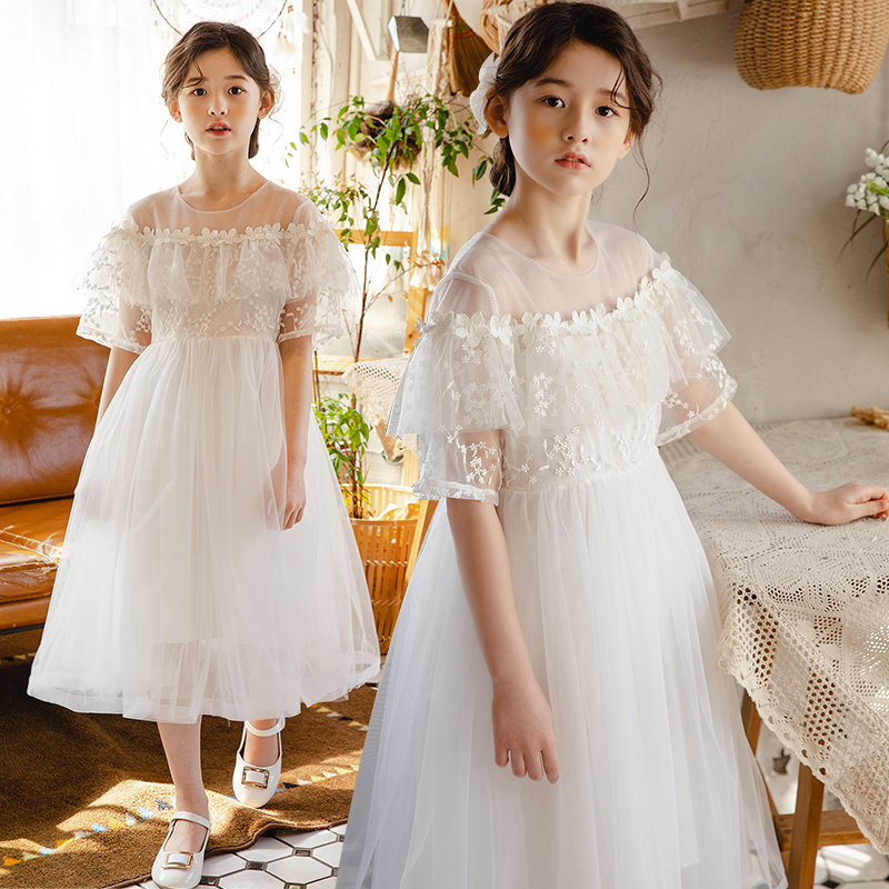 女童白色连衣裙夏季 2024新款 洋气礼服网纱短袖 裙子儿童蕾丝公主裙