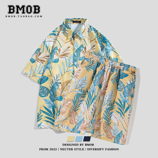 夏季 薄短袖 BMOB夏威夷海边度假沙滩套装 男宽松休闲五分中裤 子 衬衫