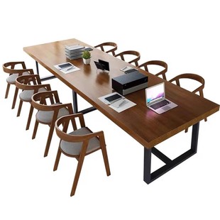 书桌会议美式 实木餐桌工作办公桌简约长方形会议桌铁艺电脑桌复古