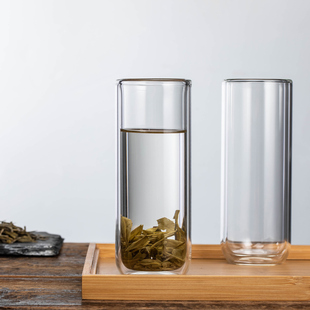 耐热泡茶杯子透明水具套装 办公室玻璃杯 家用直身双层玻璃水杯高款