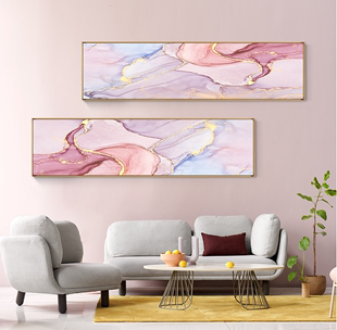 2504北欧小清新卧室装 饰画粉色流金抽象横幅客厅背景房间主卧挂画