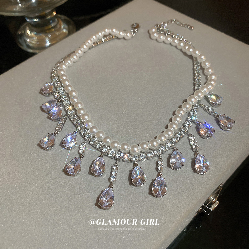 巴洛克锆石珍珠镶钻水滴形吊坠项链时尚 设计感颈链锁骨链气质项饰