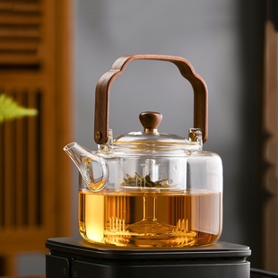 玻璃煮茶壶大容量蒸煮一体提梁壶红檀木煮陈皮壶 天久璃匠 日式