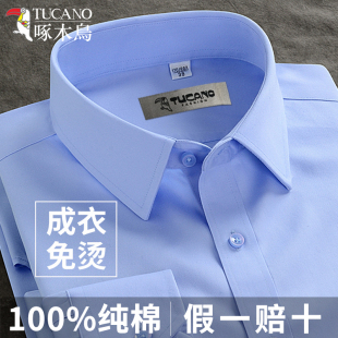 短袖 白衬衣 啄木鸟纯棉DP免烫蓝色衬衫 长袖 夏季 男士 商务职业工正装