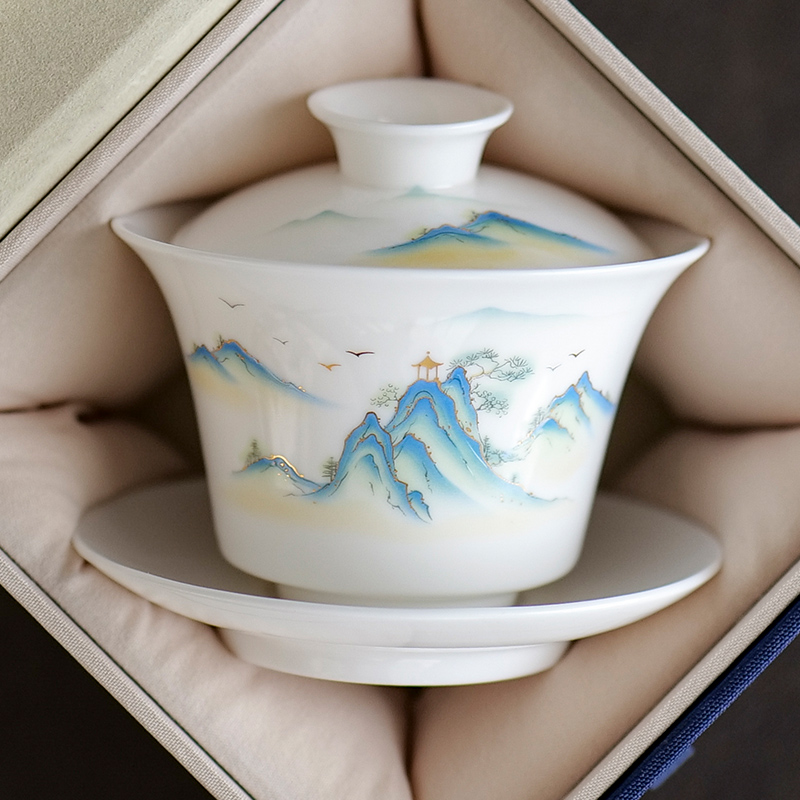 中式 白瓷茶碗 羊脂玉盖碗茶杯单个三才大号功夫泡茶器家用茶具套装