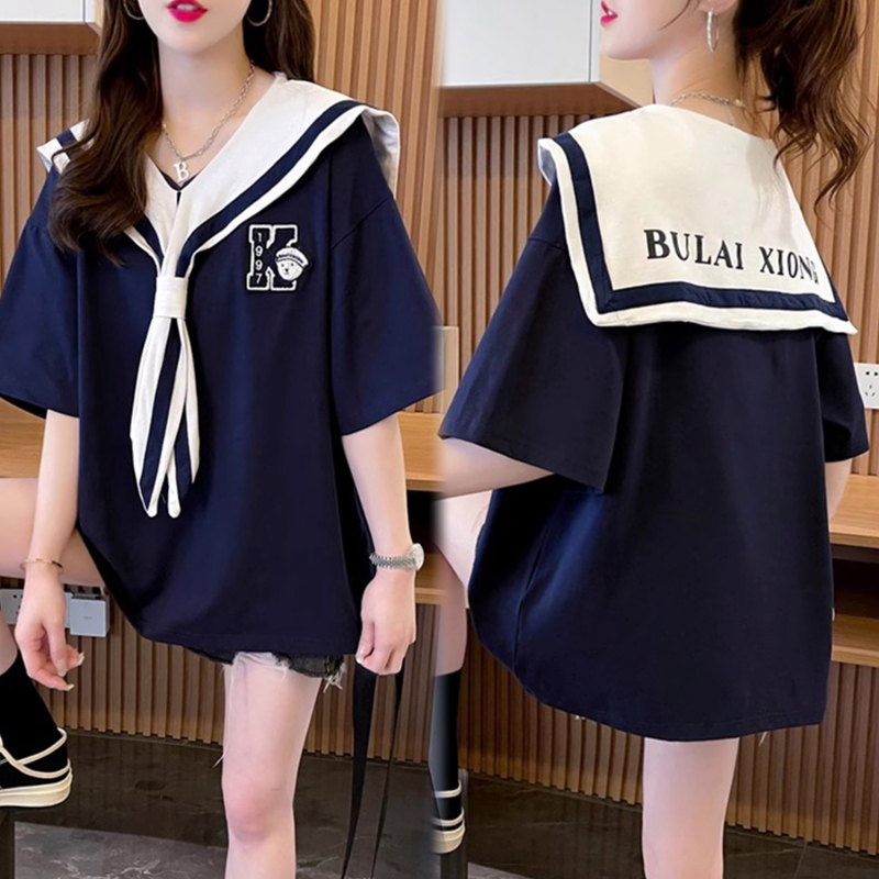 大码 女装 新款 韩版 T恤女夏季 宽松百搭设计感上衣潮 海军领刺绣短袖