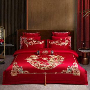 中式 婚庆四件套全棉大红色刺绣龙凤喜被婚嫁床上用品纯棉床单被套