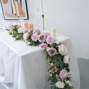 桌面装 饰玫瑰花藤 欧式 餐桌长条桌花成品花艺仿真花假花壁挂布置