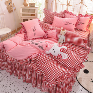 粉色卡通兔兔全棉床裙四件套纯棉公主风少女心床单被套床上床罩款