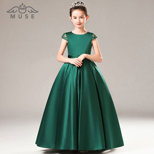 MUSE儿童晚礼服优雅公主蓬蓬裙女童墨绿色钢琴考级舞台主持表演服