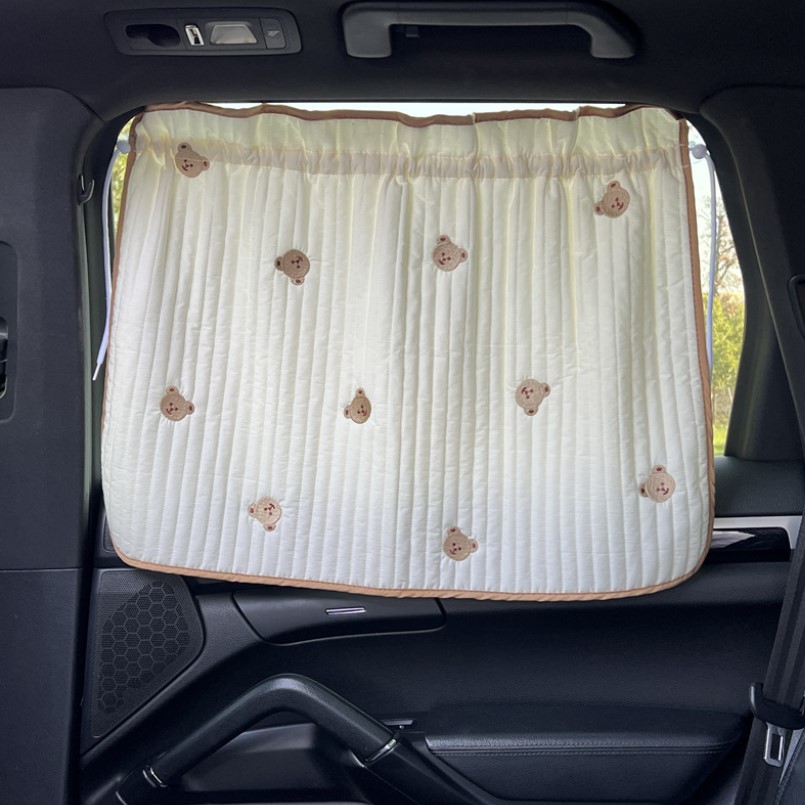 车载汽车遮阳帘侧窗全棉刺绣小熊婴儿宝宝窗帘吸盘防晒隔热车窗