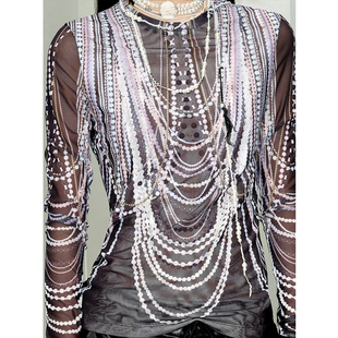 Pearl Top TRINITE 上衣打底衫 原创设计珍珠叠搭印花网纱长袖