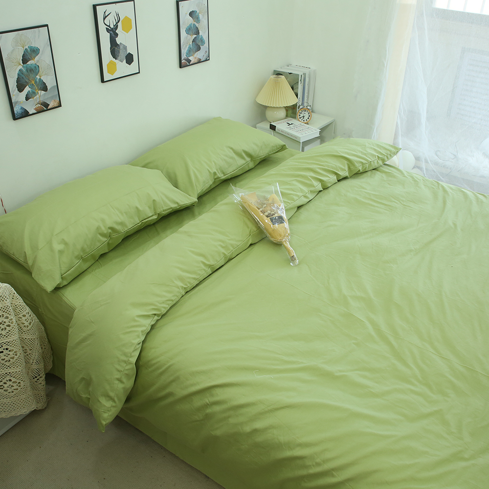 绿色纯色纯棉四件套全棉100％全棉宿舍三件套床单被套高档床上