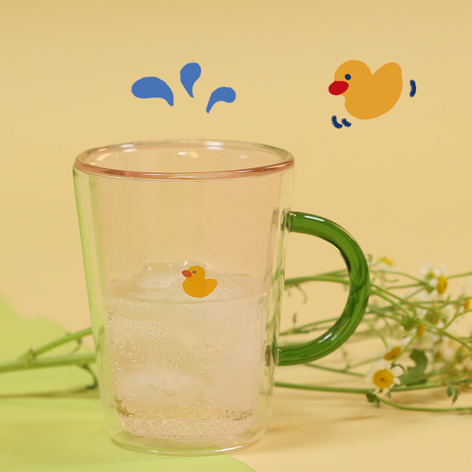 萨刻小黄鸭插画设计高硼硅创意情侣送礼物水杯子牛奶咖啡玻璃原创
