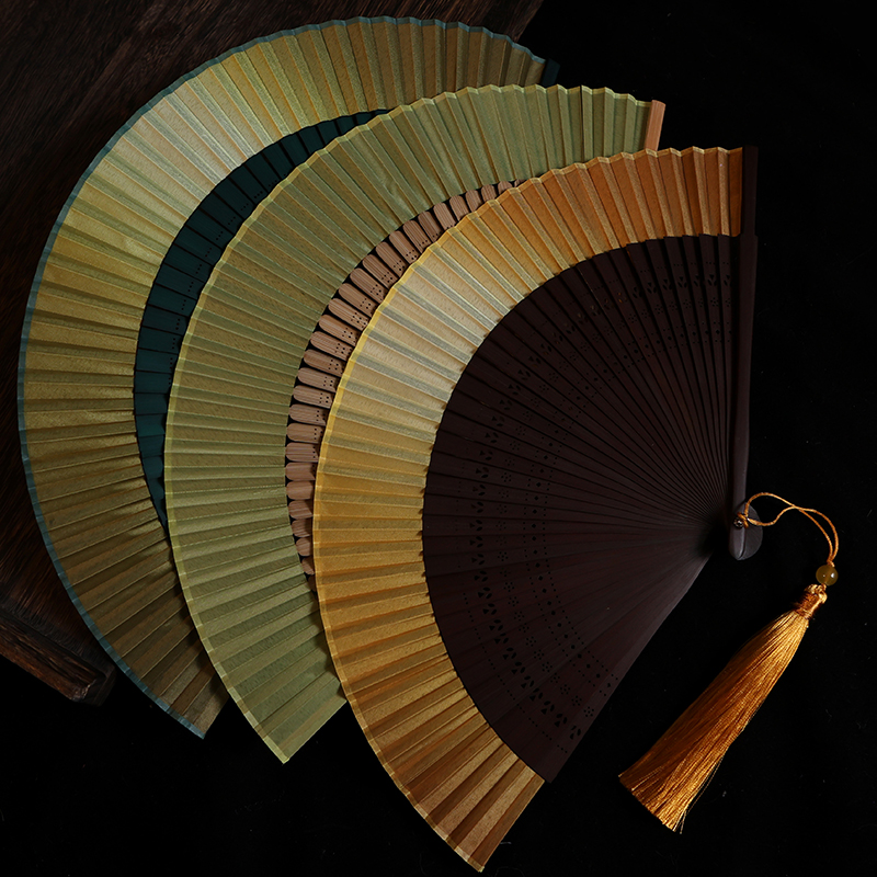 中国风女式 旗袍扇子古风汉服折叠扇舞蹈扇拍照道具古典渐变墨绿色