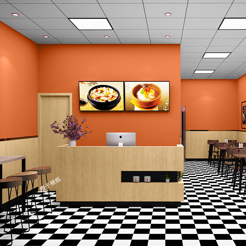 墙纸自粘橙色木纹商用专用面馆餐饮麻辣烫饭店店铺墙面装 修壁纸贴