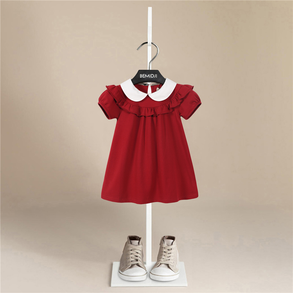 婴儿周岁礼服女童红色连衣裙儿童拜年服宝宝短袖 木耳公主裙 新年装