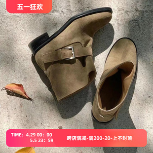 韩国小众设计麂皮粗跟短靴2024秋冬新款 显瘦气质简约低跟女靴