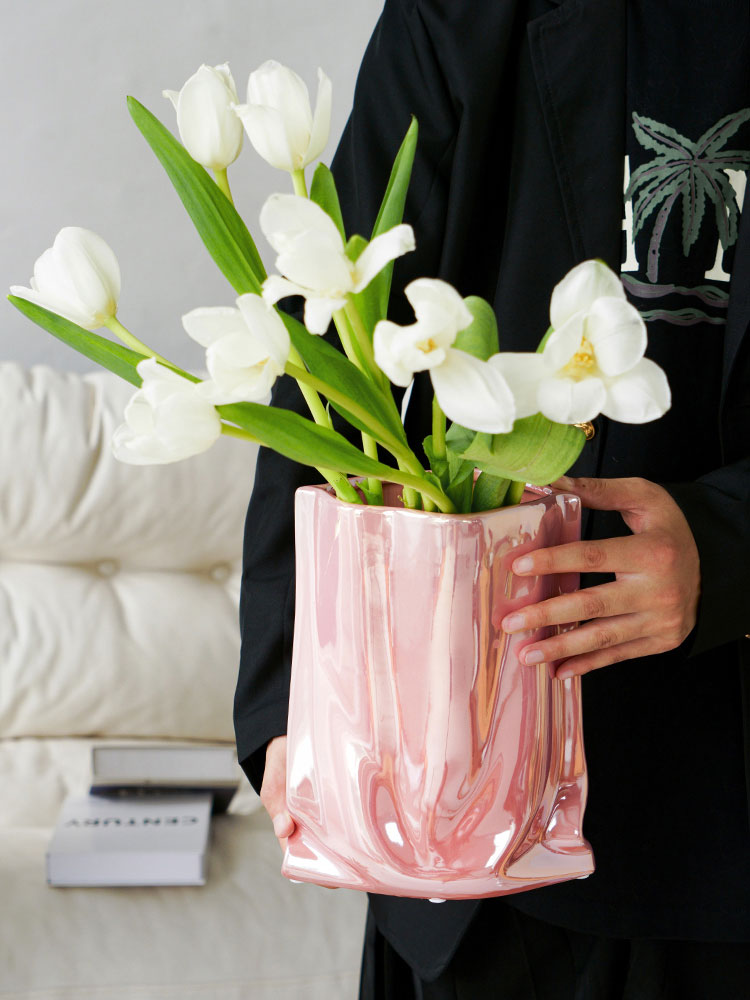 轻奢陶瓷褶皱花瓶水培水养鲜花干高级摆件简约现代花客厅插花装 饰