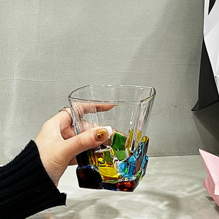 ins个性 创意blingbling手工彩绘方块水晶玻璃杯威士忌杯果汁水杯