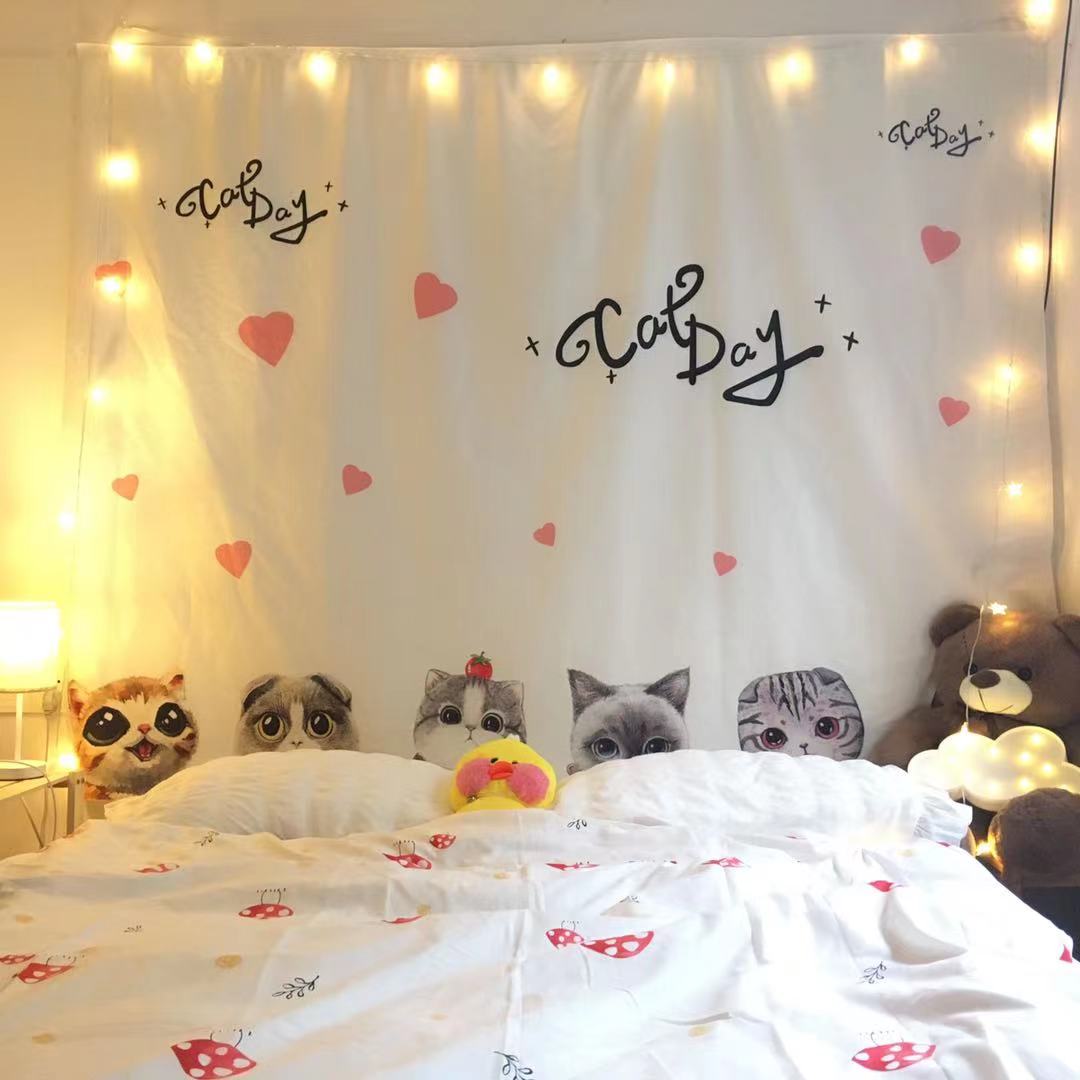 可爱小猫背景布 北欧ins挂布卧室床头墙布装 饰个性 简约风挂毯